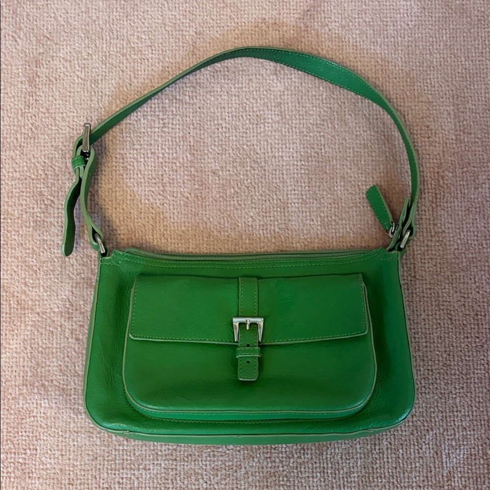 Talbots Bright Green Leather Shoulder Bag with Front Buckle Pocket